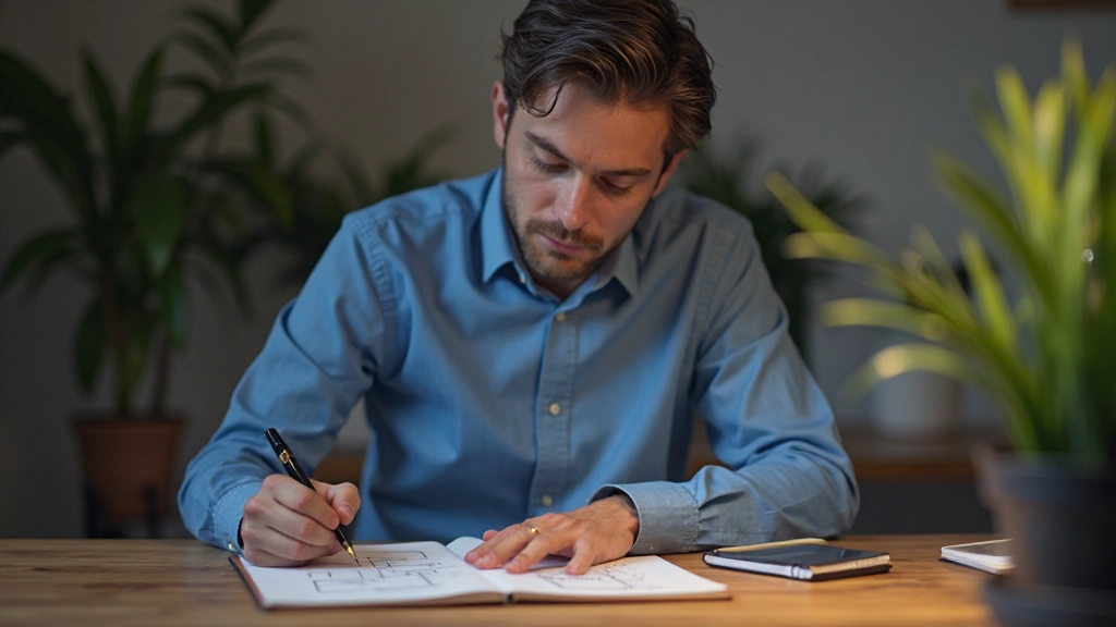 Jonge UI designer aan het brainstormen met schetsboek en digitale tools op werkbureau